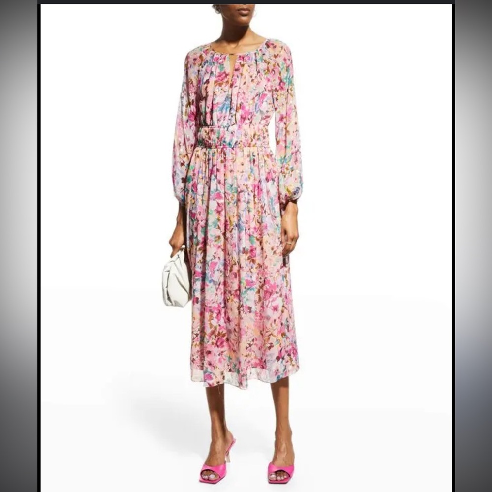 Shoshanna Taura Midi Dress with Ruched Waist and Pink Floral Print EUC